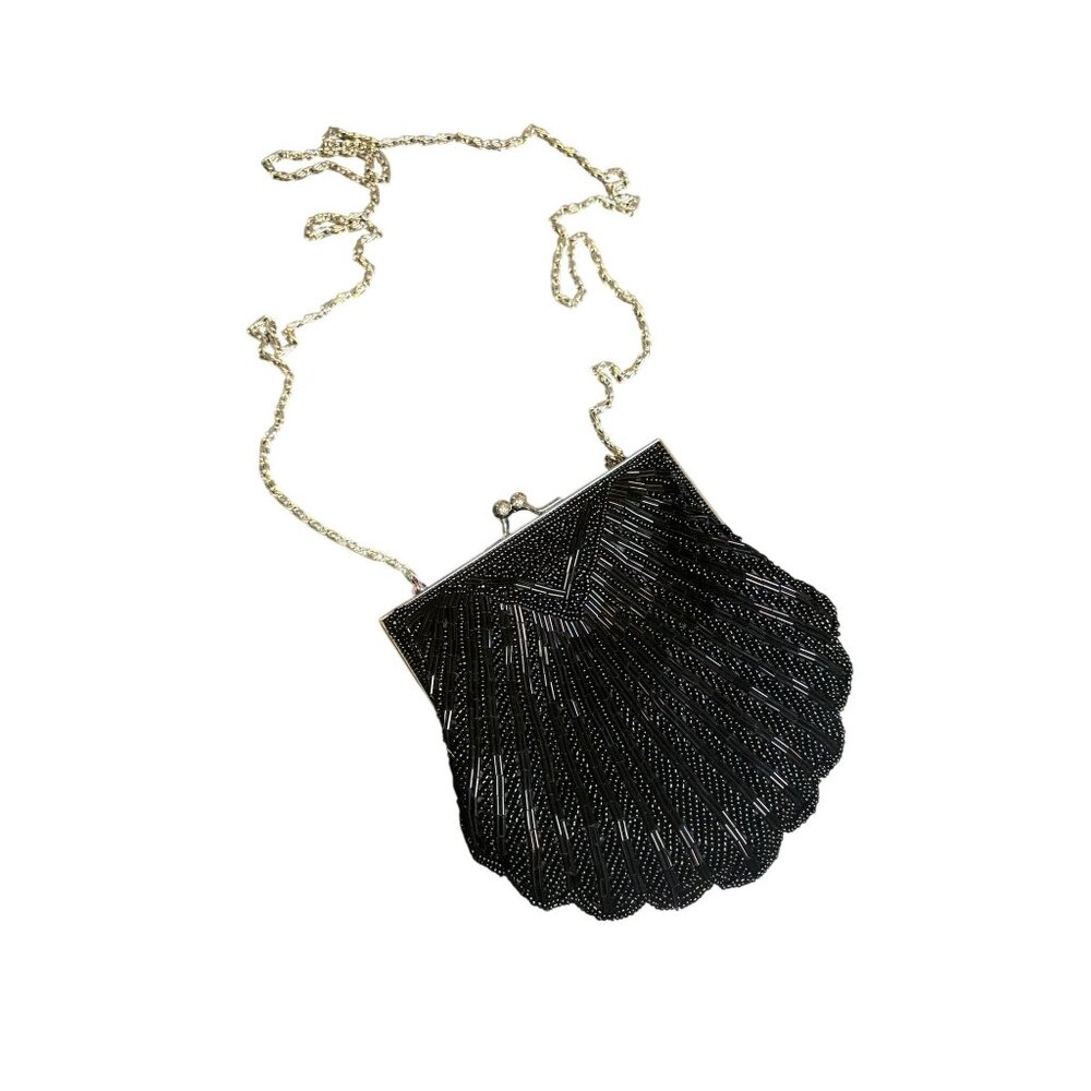 Metaphor Beaded Black and Gold Shell Clutch